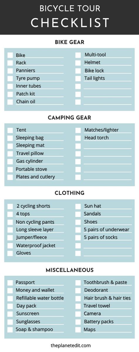 Bicycle touring gear checklist Bike Touring Packing, Bike Touring Gear, Motorcycle Campers, Bikepacking Gear, Bicycle Camping, Summer Bike, Camping Packing List, Bike Touring, Bicycle Travel