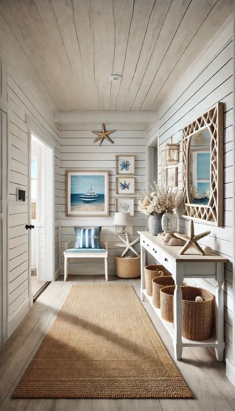 Coastal Classic Decor, Coastal Theme House, Modern Coastal Decor Living Room, Beachy Homes, Florida Coastal Decor, Coastal Hallway, Cozy Coastal Living Room, Coastal Decorating Ideas, Decorating Your Living Room