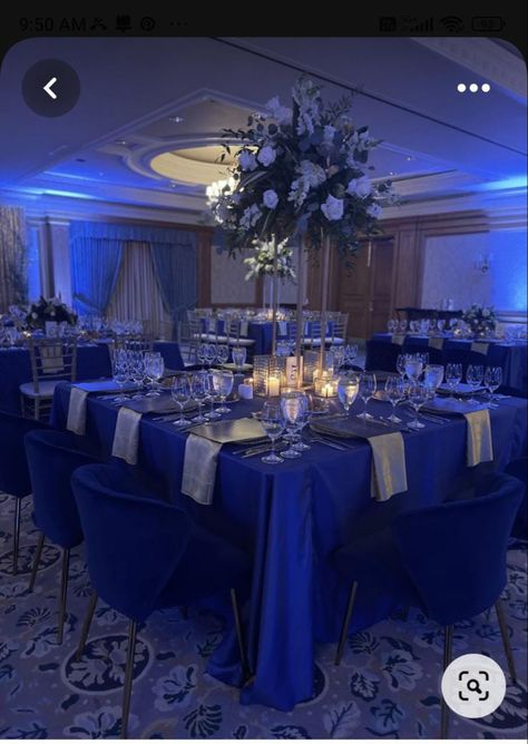 Midnight Theme Decorations, Dark Blue Venue Quince, Midnight Blue Quinceanera Decor, Sweet 16 Venues Blue, Quinceanera Ideas Royal Blue, Quinceanera Blue And Gold Theme, Midnight Blue Wedding Decor, Metallic Dark Blue Quince, Quince Decorations Dark Blue