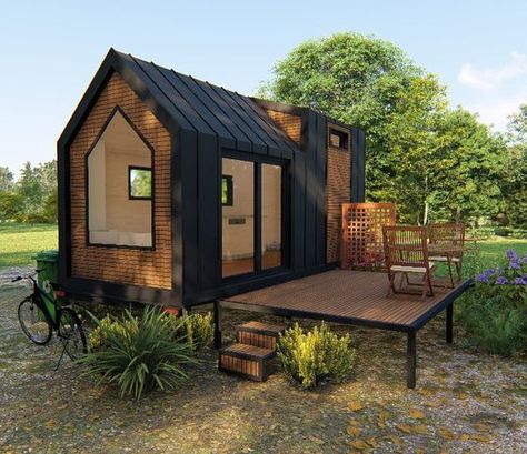 The Tiny House Exterior: 27+ Top Ideas and Guide - GoTinySpace Prefab Outdoor Kitchen, Whimsigothic Home, Prefab Shipping Container Homes, Aesthetic Farmhouse, Winter House Exterior, Small Barn House, Prefab Sheds, Home Farmhouse Decor, Prefab Container Homes