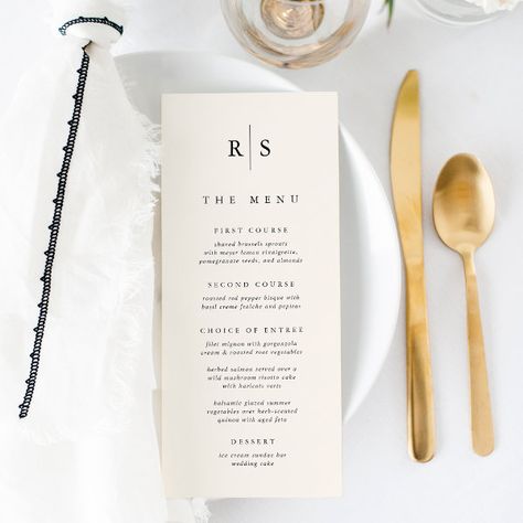 Classic Black & Ecru Monogram Wedding Menu Menu Card For Wedding Reception, Elegant Wedding Menu Cards, Black And White Wedding Place Cards, Wedding Reception Menu Cards, Elegant Wedding Menu Ideas, Wedding Menu Ideas Design, Wedding Food Menu Card, Menu Wedding Cards, Wedding Menu Ideas Food