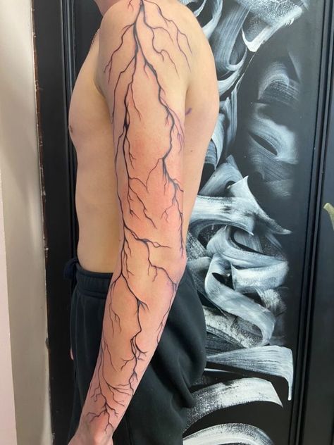 Lightning Bolt Tattoo Arm Sleeve, Two Different Style Tattoo Sleeves, Lighting Tattoo Arm Sleeve, Arm Tattoo Lightning, Full Arm Lightning Tattoo, Forearm Into Hand Tattoo, Lightning Tattoo Men Arm, Lightning Sleeve Tattoo, Full Arm Tattoos For Guys