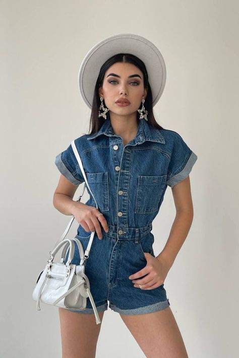 90s Retro Style Riot Look Jumpsuit Soft Casual Jumpsuit Short Womens Denim Overalls Short Sleeved Womens Denim Overalls with Shorts Mini Denim Jumpsuit Short, Short Denim Jumpsuit Outfit, Jumpsuit Shorts Outfit, Coveralls Outfit, Blue Denim Short Jumpsuit, Denim Romper Outfit, Short Overalls Outfit, Blue Jean Jumpsuit, Casual Short-length Cotton Denim Jumpsuit