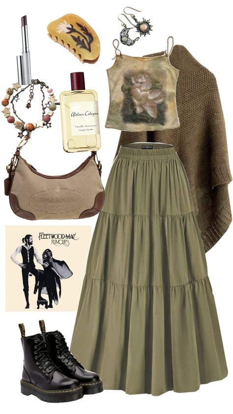 Boho earthy outfit inspo #ootd #outfit #outfitinspo #bohemian #boho #fleetwoodmac #stevienicks #green #earthy #aesthetic Hippies, Infp Clothes Aesthetic, Botanical Aesthetic Outfit, Earthy Women Outfits, Earthy Clothing Aesthetic, Cute Thrifty Outfits, Witchy Fall Aesthetic Outfits, Sublime Outfit Ideas, Earthy Witch Aesthetic Fashion