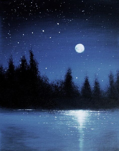 Moon Painting Acrylic Aesthetic, Moon On Water Painting, Sky And Water Painting, Moonlight On Water Painting, Water At Night Painting, Moonlight Scenery Drawing, Moonlit Night Painting, Moonlight Painting Night Skies, Water Scenery Paintings