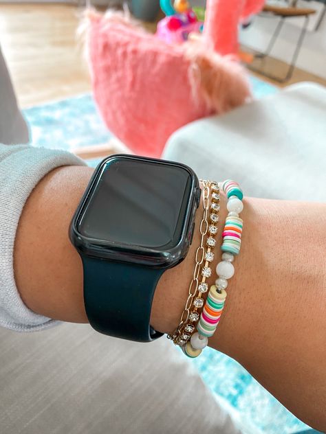 Apple Watch Layered With Bracelets, Preppy Bracelet Stack Apple Watch, Bracelet Stacking With Apple Watch, Apple Watch And Bracelets How To Wear, Bracelets With Apple Watch Layering, Apple Watch Bracelet Combo, Cute Bracelet Stacks With Apple Watch, How To Style Apple Watch With Bracelets, Bracelet Stacks With Apple Watch