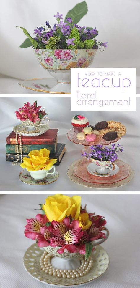 Who needs a vase when you can use tea cups to make beautiful floral arrangements. Think Mother's day and any Sunday brunch or tea party. These will be such a hit all summer long! http://www.ehow.com/how_4494520_create-teacup-floral-arrangement.html?utm_source=pinterest.com&utm_medium=referral&utm_content=inline&utm_campaign=fanpage Teacup Flower Arrangements, Teacup Crafts, Brunch Decor, Spring Tea, Tea Party Decorations, Cup Crafts, Mothers Day Brunch, Tea Party Garden, Trendy Flowers