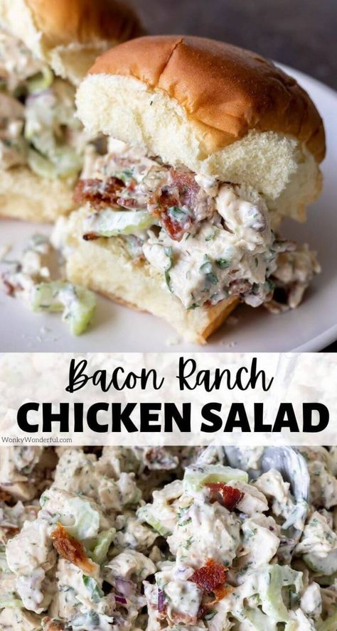 Perfect for lunch or dinner, this Bacon Ranch Chicken Salad is filling, nutritious and tasty! The great flavors of ranch dressing mixed with bacon take this Chicken Salad Recipe to the next level! A Low Carb and Keto friendly compliant lunch option. #chickensaladrecipes #lunchrecipes #chickenrecipes #lowcarbrecipes #ketorecipes Bacon Ranch Chicken Salad, Ranch Salad Recipes, Ranch Chicken Salad Recipe, Chicken Bacon Salad, Ranch Chicken Salad, Bacon Ranch Chicken, Chicken Salad Recipe Easy, Ranch Dressing Recipe, Bacon Salad