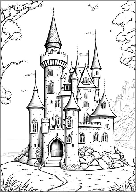 Majestic castle that rises to the sky, made of stone walls and pointed towers. The main door is large and imposing and each turret is topped by a flag that flies in the wind. Immerse yourself in the world of Disney's fairy tales with this beautiful and 100% original castle... Fairy Tale Coloring Pages, Castle Drawing Easy, Disney Castle Drawing, Fairytale Drawings, Castle Sketch, Village Drawing, Castle Coloring Page, Self Portrait Art, Castle Drawing