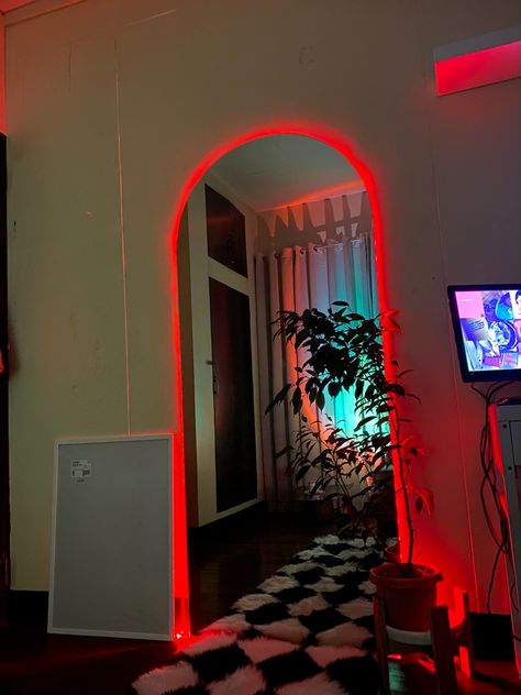 Full Body Mirror Bedroom, Red Lights Bedroom, Espejos Aesthetic, Sneaker Shelf, Dark House Aesthetic, Neon Strip Lights, Arc Mirror, Japanese Inspired Bedroom, Mirror Aesthetic