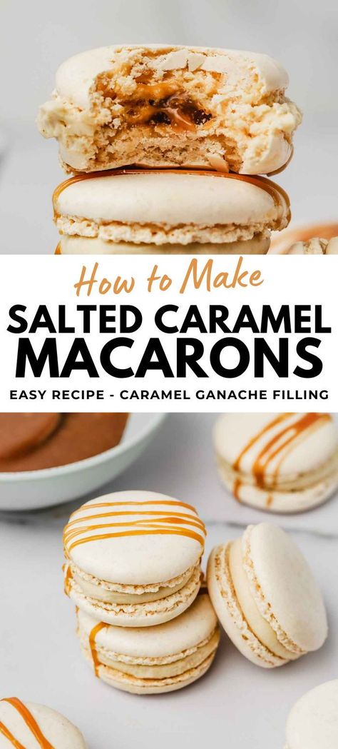 Learn to make Salted Caramel Macarons with our easy recipe. Experience the delight of a flowing heart of homemade salted butter caramel, encased in a whipped white chocolate ganache flavored with salted caramel. This recipe employs the Italian meringue method to ensure a smooth, shiny macaron shell every time. Follow our expert tips for these irresistible gourmet treats. Essen, Macarons Salted Caramel, Caramel Macaron Filling, Salted Caramel Macarons Recipe, Best Macaron Flavors, Sourdough Macarons, Macrons Recipes Flavors, Macroom Recipe, Chocolate Macaron Filling