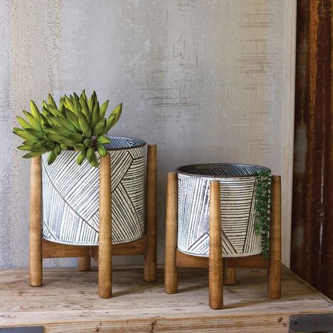 Tin Planters, Pressed Tin, Palm Leaf Design, Metal Etching, Planter Stand, Metal Planters, Etched Designs, Wooden Planters, Metal Tins