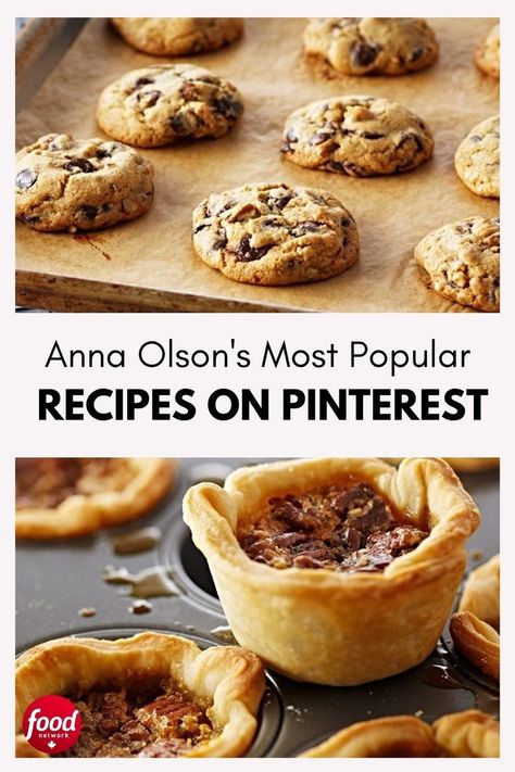 Top Photo: A baking sheet of chocolate chip cookies 
Bottom Photo: Closeup of classic butter tarts Most Popular Recipes On Pinterest, Anna Olson Recipes, Best Baking Recipes, Lemon Chiffon Cake, Classic Chocolate Chip Cookies, Anna Olson, Most Popular Desserts, Baking Inspiration, Food Network Canada