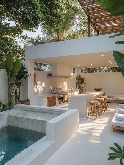 Bali Backyard Ideas Outdoor, Outdoor Beach House Decor, Bohemian Villa Exterior, Bali Home Exterior, Bali Outdoor Kitchen, Tulum House Exterior, Bali Villa Exterior, Bali House Exterior, Bali Inspired Home Exterior