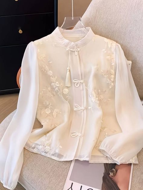 Temu | Explore the Latest Clothing, Beauty, Home, Jewelry & More Qipao Top, Qi Pao, Elegante Y Chic, White Short Sleeve Blouse, Chinese Style Dress, Vintage Long Sleeve, Vintage Blouse, Chic Top, Floral Print Blouses