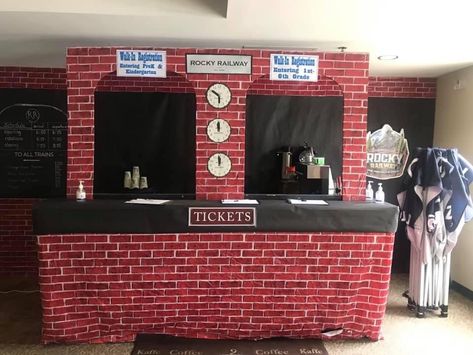 Diy Train Station Ticket Booth, Train Theme Decorations, Train Station Party, Polar Express Cocoa Bar, Train Station Set Design, Polar Express Balloon Arch, Train Ticket Booth Diy, Train Vbs Decorations, Rocky Railway Vbs 2020 Decorations