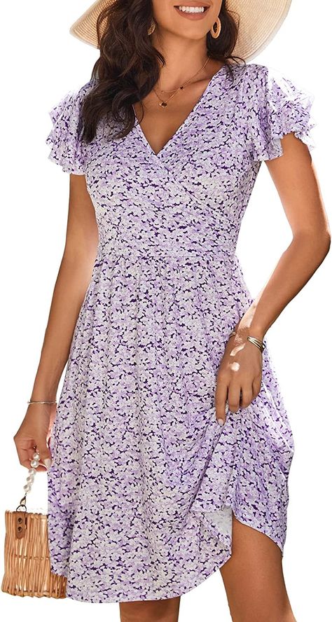 VETIOR Womens Short Sleeve Wrap V Neck Floral Spring Dresses Summer Sun Dress for Women Casual 2023 Floral Spring Dresses, Trendy Spring Dresses, Wrap Dress Summer, Floral Dress Wedding Guest, Dresses Short Sleeve, Belted Wrap Dress, Sundress Summer, Summer Wraps, Flutter Dress