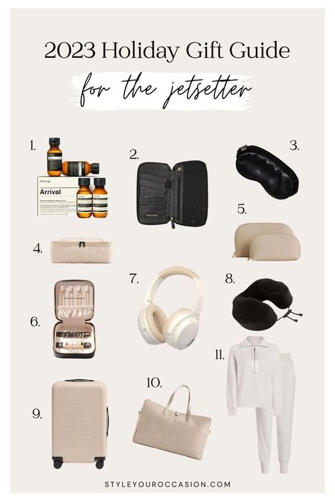 Need a holiday gift idea for someone who loves to travel? Check out our travel gift guide for women with 10+ gift ideas for the jetsetter in your life! Travel gift ideas women, gifts for people who travel Gifts For People Who Travel, Ideas For Traveling, Winter Travel Wardrobe, Gift Ideas Women, List Of Gift Ideas, Travel Pouch Set, Comfortable Travel Outfit, Taupe Bag, Travel Gift Ideas