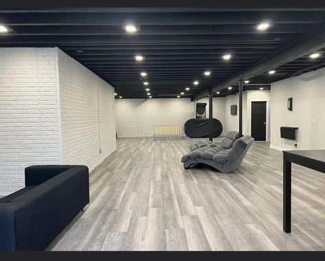 Basement Ceiling Painted Black, Designer Basement, Black Basement Ceiling, Unfinished Basements, Basements Ideas, Basement Bathrooms, Exposed Basement Ceiling, Basement Ceiling Painted, Gray Basement