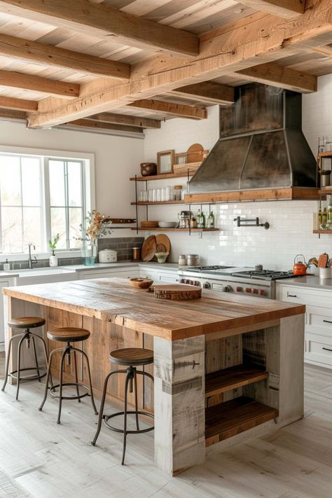 Rustic Country Kitchen Decor, Farmhouse Kitchen Inspiration, Gorgeous Farmhouse, Rustic Country Kitchens, Rustic Kitchen Island, Kitchen Island Decor, Rustic Modern Kitchen, Rustic Kitchen Design, Farmhouse Kitchen Design