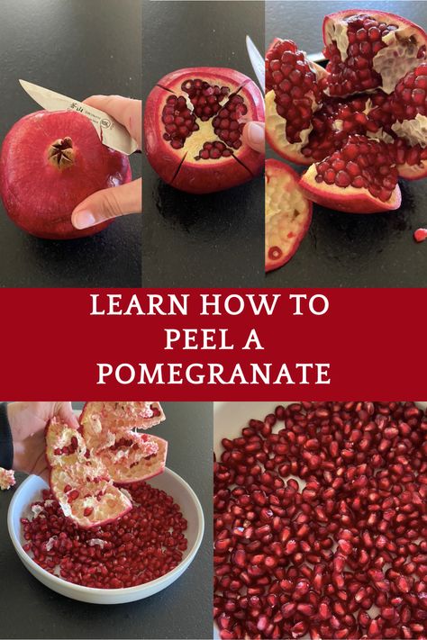 Learn the easiest way how to peel a pomegranate! How To Reseed A Pomegranate, How To Clean Pomegranate, How To Get Pomegranate Seeds Out, Peeling Pomegranate How To, Deseeding A Pomegranate, Can You Freeze Pomegranate Seeds, Opening A Pomegranate, How To Peel A Pomegranate Simple, Peel Pomegranate How To