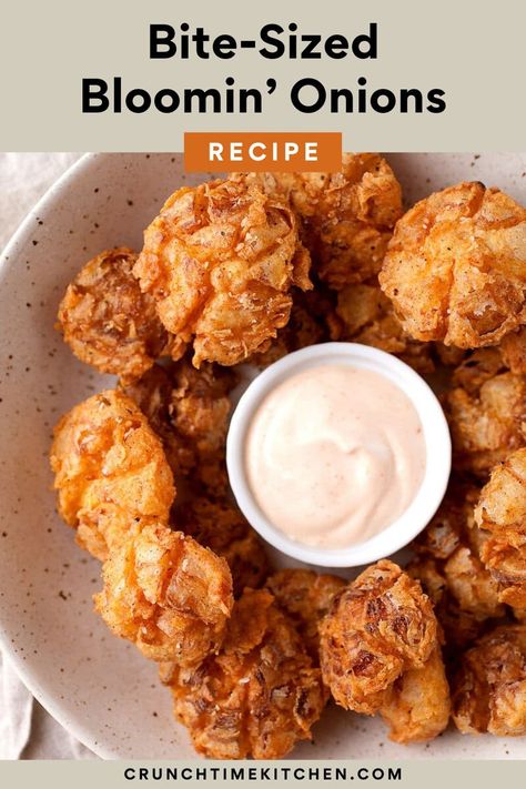 These bite-sized blooming onions are a fun appetizer for any party! Fry them up and get to dipping! crunchtimekitchen.com #fried #appetizers #bloomingonions #outback #copycat #bitesized Fried Appetizers For Party, Mini Air Fryer Blooming Onions, Mini Blooming Onion Recipe, Bbq Onions, Homemade Dipping Sauce, Fried Appetizers, Dumplin Recipe, Blooming Onions, Onion Appetizers