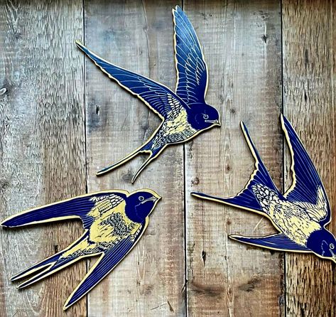 Ceramic Bird Wall Art, Swallow Lino Print, Swallow Linocut, Ceramic Flying Birds, Lino Cut Art, Swallow Art, Phthalo Blue, Wood Printing, Whale Decor