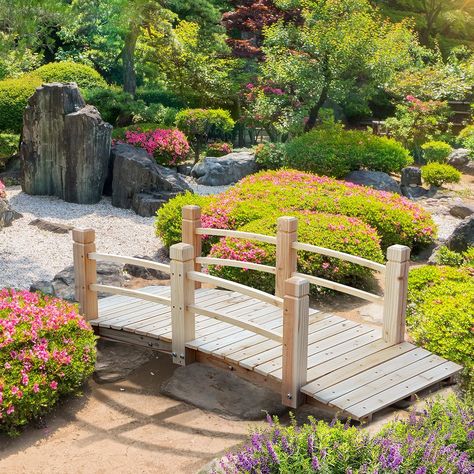 Enhance Your Garden: Place Outsunny's backyard wood bridge over a small stream or garden walkway and add a decorative touch to your outdoor surroundings. Complementary Beauty: The elegant arched garden bridge frame adds an instant and classic charm with its traditionally designed walkway. Security Design: There are curved side rails with three posts on each side of the bridge kit for added security and convenience. This means the footbridge is as secured as it is beautiful. Small Bridges Over Creek, Arched Garden Bridge, Pond Bridge, Small Bridge, Backyard Summer, Outdoor Ponds, Asian Landscape, Pond Landscaping, Garden Walkway