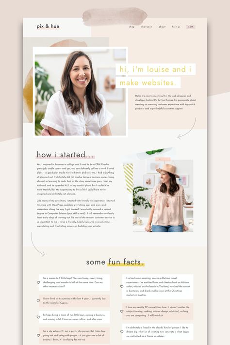 The new About page of the Pix & Hue website! With completely new branding, color palette and imagery, it was a full rebrand from top to bottom. I love how it all came together! #webdesign #wordpress #wordpresstheme #femininewebdesign #femininewordpress #girlboss #bossbabe About Page Website Layout, About Me Page Design Website, Simple Blog Design, About Us Page Design Website Creative, Creative About Me Page Design, About Page Portfolio, About Page Inspiration, Bright Website Design Inspiration, Website About Me Page