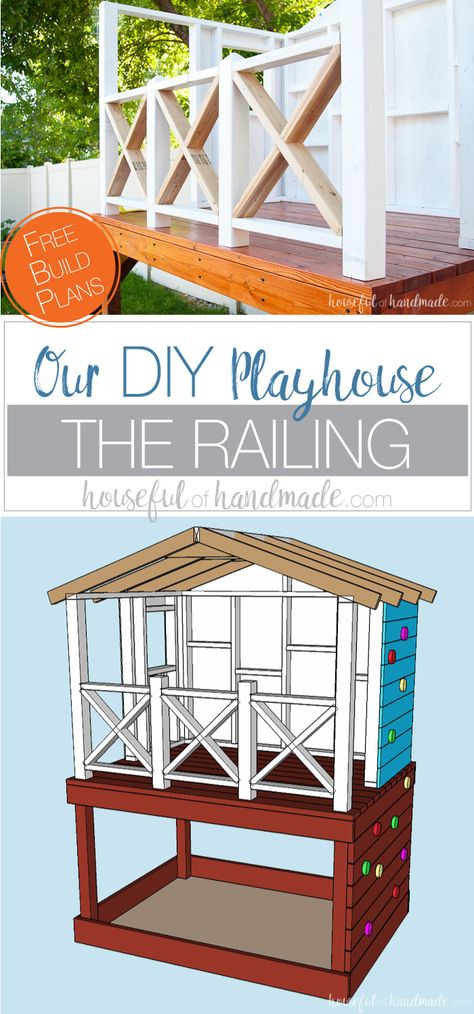 Our DIY Playhouse is coming along! This week we tackled the playhouse railing. The beautiful X railing is perfect for the cute cottage playhouse. See how we are building the playhouse step-by-step including free build plans and time/cost breakdown. Housefulofhandmade.com | DIY Playhouse | Playhouse Build Plans | DIY Swing Set | How to Build a Playhouse | DIY Sandbox | How to Build an X Railing Diy Swing Set, Playhouse Diy, Cottage Playhouse, Diy Sandbox, Swing Set Diy, Diy Swing, Playhouse Plans, Diy Playhouse, Backyard Playhouse