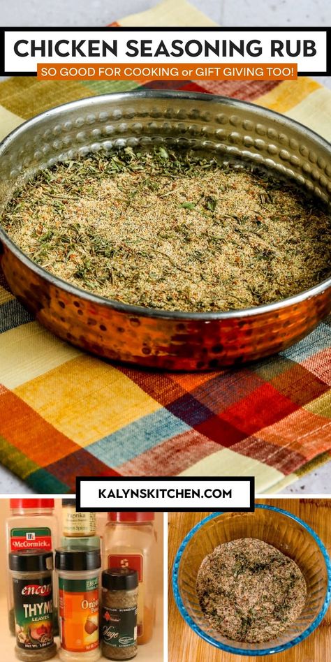 This Chicken Seasoning Rub is a delicious herb blend to use on any kind of chicken that's being roasted, pan-fried, or baked. And this salt-free chicken seasoning is a fun idea for something to give as a holiday gift, and this recipe makes plenty to give away. [found on kalynskitchen.com] #ChickenSeasoningRub #ChickenSeasoningBlend #FoodGiftsforHolidays Baked Chicken Seasoning, Keto Chicken Dinners, Roast Chicken Seasoning, Chicken Seasoning Recipes, Salt Free Seasoning, Delicious Chicken Dinners, Chicken Rub, Spice Mix Recipes, Rub Recipes