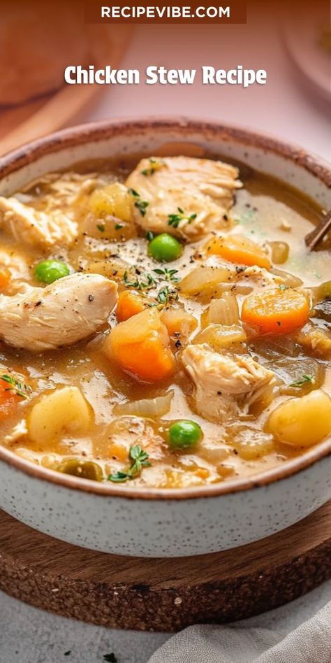 Craving a hearty yet light dinner option that’s packed with flavor? This Chicken Stew Recipe is the answer, combining tender chicken and fresh vegetables for a deliciously wholesome meal. Don’t forget to save this recipe for those busy weeknights when you need something quick and comforting! Chicken Soup And Stew Recipes, Hearty Chicken And Vegetable Soup, Chicken Soup Or Stew Recipes, Chicken Vegetable Stew Crockpot, Chicken And Veggie Stew, Chicken And Barley Soup Recipes, Whole 30 Chicken Stew, Chicken Stew With Tomatoes, Chicken Stew Crock Pot Recipes