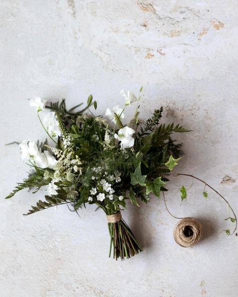 • green leafy botanicals • Something a little different for me - an almost all foliage bouquet; this one for bridesmaid Ella - lots of different varieties of fern, rosemary, mint, fluffy seed heads, oat grass and variegated ivy with a light sprinkling of early sweet peas and little white alliums. Unfurling glimpses of green for a drizzly Tuesday in late April 🌿. #greenbotanicals #greenbouquet #foliagebouquet #thebelljarfloralstories Mossy Wedding Bouquet, Wedding Bouquet White Green, Queen Anne’s Lace Bridal Bouquet, Foliage Bouquet Wedding, Green White Wedding Bouquet, Fern Wedding Bouquet, Bell Flower Bouquet, Bridesmaid Bouquet Green, Dark Green And White Wedding