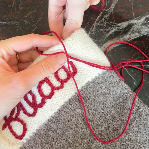 How to Personalize a Christmas Stocking - Originally Lovely Diy Stocking Embroidery, Holiday Stockings Ideas, How To Knit A Stocking For Beginners, Stocking Embroidery Name, Embroider Stockings Diy, Diy Embroidered Stocking, Diy Knit Christmas Stocking, Hand Embroidery Christmas Stocking, Homemade Stockings Christmas Diy