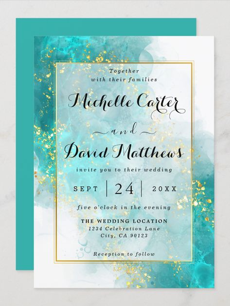 Available in Zazzle. #wedding #invitations #watercolor #blue #gold #savethedate #zazzle Light Blue And Gold Wedding, Teal Gold Wedding, Turquoise Wedding Theme, Turquoise Wedding Invitations, Wedding Cards Images, Wedding Invitations Watercolor, Blue And Gold Wedding, Zazzle Wedding Invitations, Cream Wedding Dresses