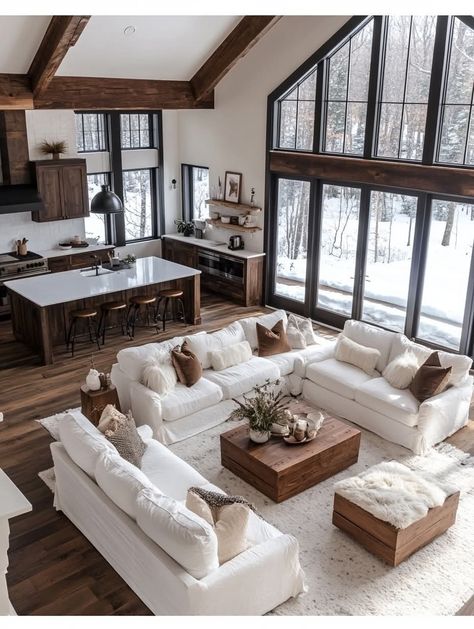 Mountain House Great Room, Huge Farmhouse Living Room, Dream Country Home Interior, Huge Sectional Couch Living Room, White Barn House Modern Farmhouse, Modern Montana Home, Barndominium Room Ideas, Aesthetic House Living Room, Dream Farmhouse Living Room