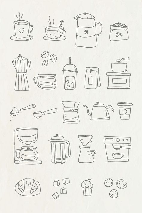 Doodle Art Coffee, Cafe Doodle, Cookie Doodle, Cake Doodle, Recipe Book Design, Coffee Doodle, Tea Illustration, Food Doodles, Coffee Tattoos