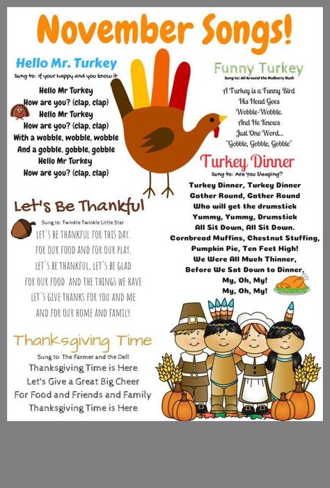 Nov 20, 2018 - November songs for transitional kindergarten. Thanksgiving Songs For Kids, November Lesson Plans, Turkey Songs, Classroom Thanksgiving, Thanksgiving Activities Preschool, Thanksgiving Songs, Thanksgiving Lessons, Thanksgiving Crafts Preschool, Thanksgiving School