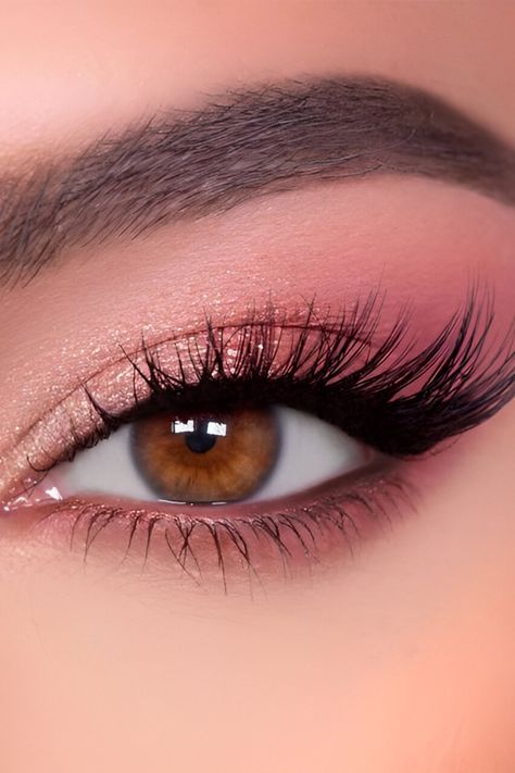 50 Gorgeous Pink Eyeshadow Looks To Charm Everybody Pink Summer Makeup Looks, Makeup To Go With A Pink Dress, Eyeshadow Daytime Look, Pink Day Makeup, Formal Makeup For Pink Dress, Prom Eye Makeup For Pink Dress, Pale Pink Eyeshadow Looks, Rose Pink Makeup Look, Pink Make Up Looks Natural