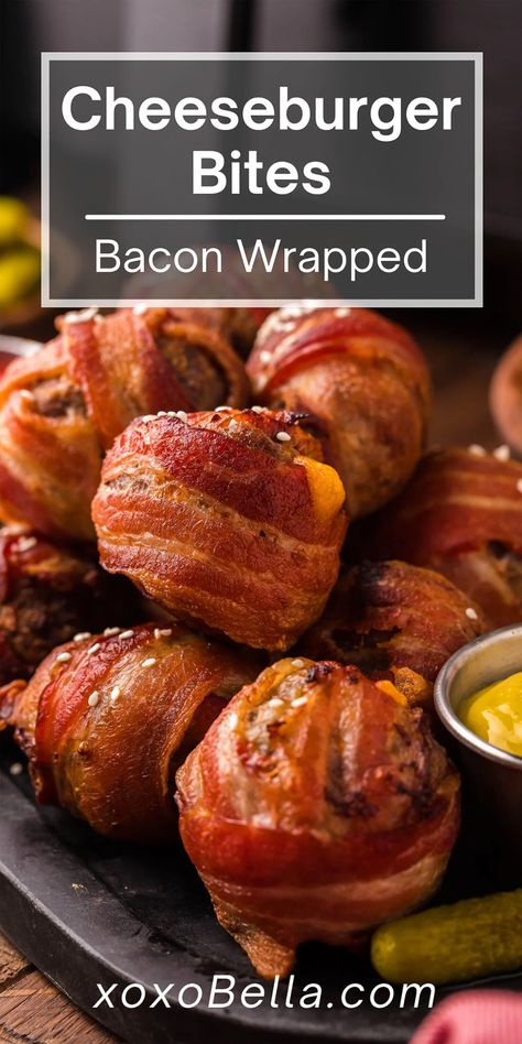 Air fryer bacon wrapped cheeseburger bites are one of those recipes your air fryer was made for! That’s right, it’s a super easy appy. These bacon burger bombs are a great appetizer for any occasion. Perfect for when you want to rustle up a quick and easy air fryer appetizer. Whether you call the bacon wrapped meatballs or meatloaf balls, you will agree that they taste AMAZING! These tasty air fryer bacon wrapped cheeseburger bites are perfect if you love meat, cheese and bacon! #appetizer #appy Essen, Bacon Appetizers Parties Food, Bacon Wrapped Hamburger, Burger Appetizer, Meatloaf Balls, Bacon Wrapped Cheeseburger, Wrapped Meatballs, Cheeseburger Bites, Bacon Wrapped Meatballs