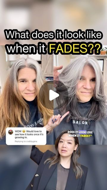 Emily Chen on Instagram: "A grey transition is not “one & done” - It’s the first BIG STEP to growing out your natural grey as gracefully as possible. There is still regular maintenance, but unlike the regular maintenance of permanent color, it is maintenance that has a means to an end. ⁣ ⁣ Maintenance for a grey transition looks like 👇⁣ ⁣ 𝙄𝙉 𝙎𝘼𝙇𝙊𝙉: ⁣ - 𝘁𝗼𝗻𝗲𝗿 & 𝘁𝗿𝗶𝗺 𝗲𝘃𝗲𝗿𝘆 𝟲-𝟴 𝘄𝗲𝗲𝗸𝘀 (depending on haircut, of course)⁣ - 𝗼𝗻𝗲 𝗺𝗼𝗿𝗲 𝗿𝗼𝘂𝗻𝗱 𝗼𝗳 𝗹𝗼𝘄𝗹𝗶𝗴𝗵𝘁𝘀 𝗮𝗽𝗽𝗿𝗼𝘅 𝟴 𝗺𝗼𝗻𝘁𝗵𝘀 𝗼𝘂𝘁 if needed. Typically the more “pepper” there is, the more likely this last step will be necessary to maintaining a smooth blend. People always ask: ⁣”Do lowlights fade warm?” - yes. Yes all lowlights, all brands, will fade with some degree of warmth. BUT formulat Go Grey Hair Transition, Blond To Grey Hair Transition, Transitioning To Grey Hair From Brunette, Natural Grey Hair Transition, Blonde To Grey Transition, Growing Out Grey Hair Transition, Grey Lowlights, Grey Hair Lowlights, Grey Transition