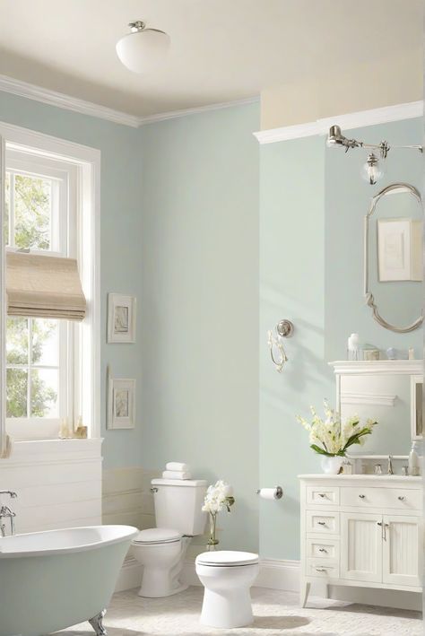 interior design,decorating interiors,home decor interior design,home interior design Beach Bathroom Paint Colors, Light Teal Bathroom, Bathroom Color Schemes Blue, Church Bathroom Ideas, Bathroom Paint Inspiration, Sea Green Paint, Small Bathroom Paint Ideas, Bathroom Neutral Colors, Mint Green Bathroom