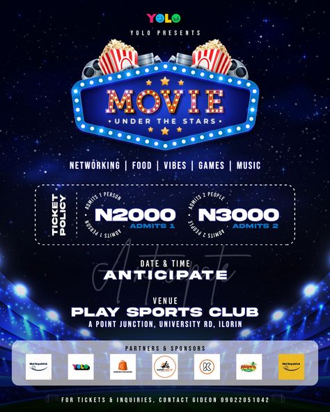 Event flyer, Event poster, cinema, outdoor cinema, anticipate, you only live once, movies Movie Event Poster, Movie Night Poster, Movie Under The Stars, Movie Night Flyer, Cinema Outdoor, Poster Design Kids, Poster Cinema, Movies Under The Stars, Outdoor Cinema