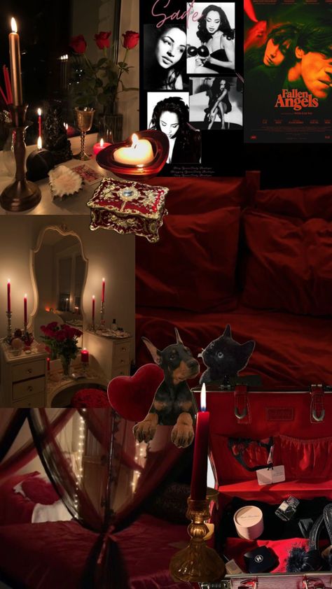 Dark Cherry Bedroom Decor Ideas, Red Velvet Bedroom Ideas, Red And Silver Bedroom Ideas, Dark Fem Bedroom, Dark Red Room Aesthetic Bedroom, Dark Red Coquette Bedroom, Cherry Red Bedroom Aesthetic, Dark Red Aesthetic Room, White And Red Room Aesthetic