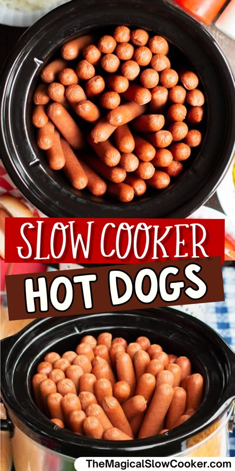 Slow Cooker Hot Dogs are a wonderful way to feed a crowd and taste just as good as hot dogs from a food cart! #hotdogs #hotdogbar #slowcooker Mini Hotdogs In Crockpot, Crockpot Hotdogs, Making Hot Dogs, Hot Dog Chili, Hot Dog Cart, Hot Dog Bar, Food Cart, Football Food, Dog Feeding