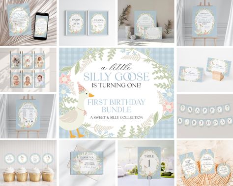 Blue Floral Silly Goose First Birthday Bundle Printable Template, Little Duck Theme 1st Birthday Girl, Pastel Floral Gingham Birthday WP1023 Goose First Birthday, Goose Birthday, Peach Party, Bottle Wrapping, Party Bundles, Silly Goose, Bridal Shower Welcome Sign, Little Duck, Favors Sign