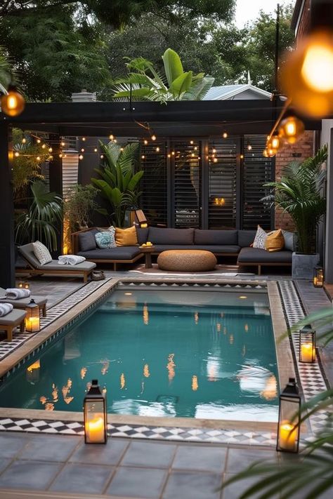 Small Square Pool Design, Backyard Ideas With Small Pool, Swimming Pool Area Decor, Big Pool Small Backyard, Small Pool In Small Backyard, Tiny House Patio Outdoor Spaces, Swimming Spa Backyard Ideas, Patio With Small Pool, Small Pool Area Ideas Backyard