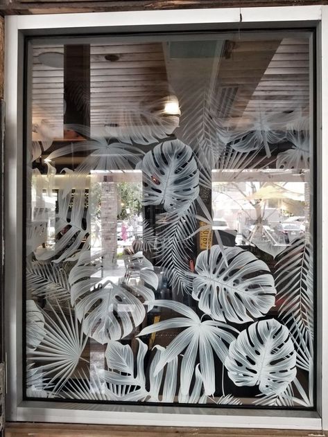 Boutique Store Front Window Ideas, Window Etching Designs, Restaurant Glass Sticker Design, Privacy Glass Ideas, Cafe Glass Design, Restaurant Window Design, Tropical Window Film, Window Glass Etching Designs, Window Film Ideas