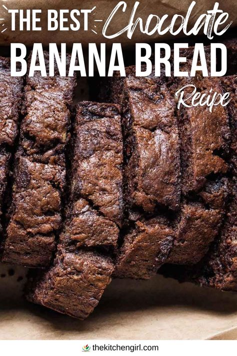 image of sliced chocolate banana bread in butcher paper. Text overlay: The BEST Chocolate Banana Bread Recipe Chocolate Banana Nut Bread Recipe, Chocolate Banana Bread Cake Mix Recipe, Banana Bread Recipe Variations, Chocolate Chocolate Chip Banana Bread, Dark Chocolate Banana Bread, Chocolate Bread Loaf, Choc Banana Bread, Best Chocolate Banana Bread, Banana Bread Recipe Chocolate Chip