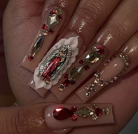 Nails Acrylic For Mexico, Red Nail Set With Gems, Nails For Quinceanera Red, Mexican Style Acrylic Nails, Virgencita Nails Red, Acrylic Nails With Virgin Mary, Pink Quinceanera Nails Medium, Mexican Quince Nails, Red Virgin Mary Nails